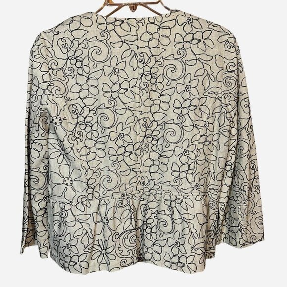 Charter Club Boho Floral Peplum Jacket Sz S Cream Black Linen Blend Quiet Luxury - Picture 2 of 6
